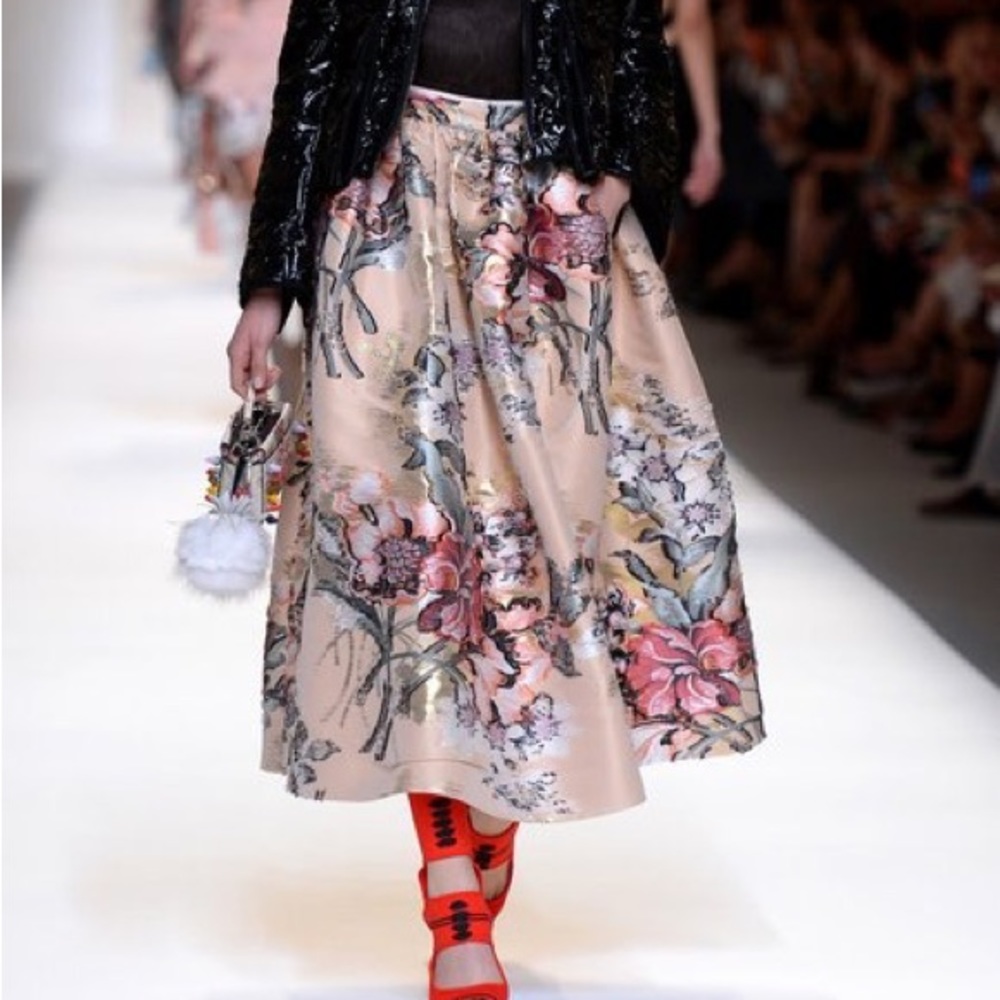 FENDI Metallic Floral Jacquard Midi Skirt Size 46 (US 12-14)